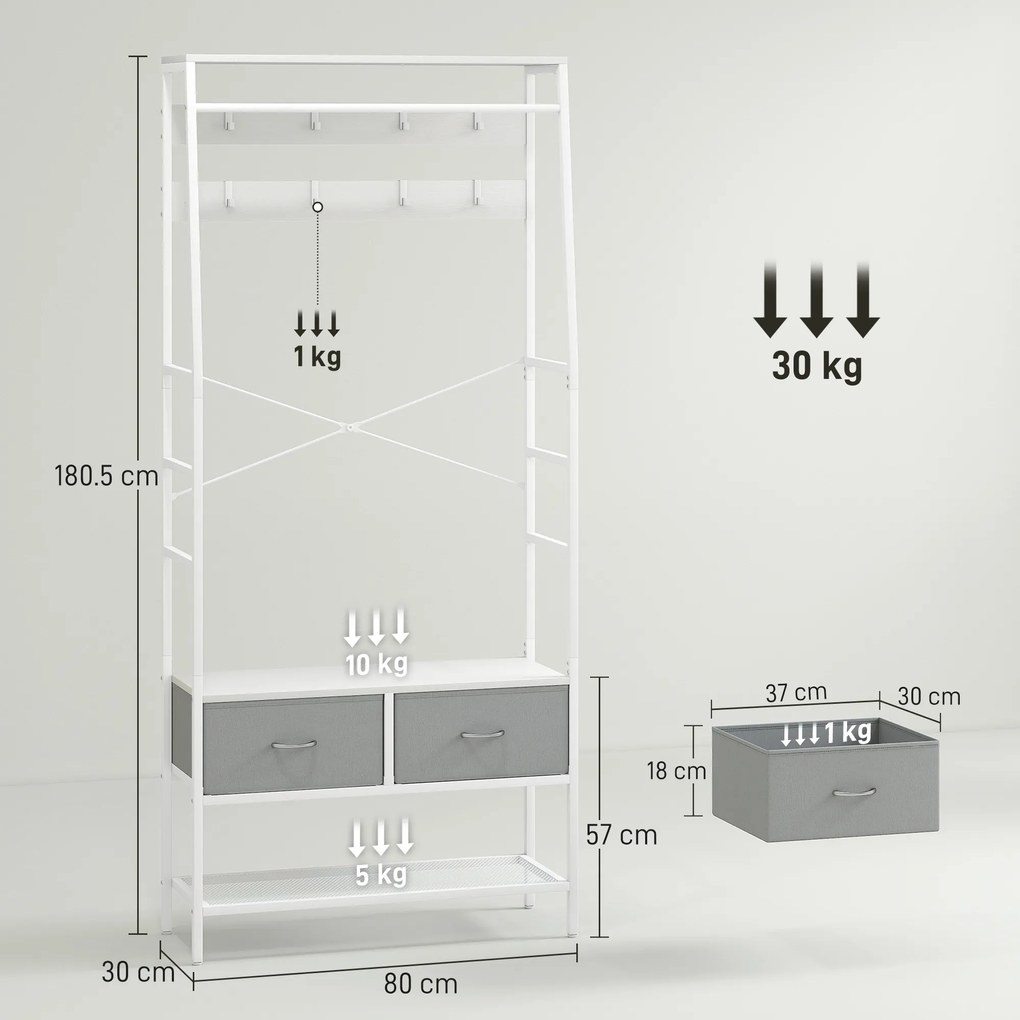 HOMCOM Cuier pentru pantofi cu spațiu pentru pantofi, cârlige, sertare, bară și raft pentru intrare, hol, living 80x30x180,5 cm Alb | Aosom Romania