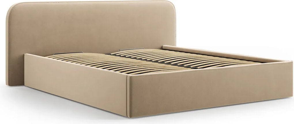 Pat tapitat cu somiera rabatabila si lada depozitare, 180x200 cm, Micadoni Home, Elizabeth-261, catifea, bej sand