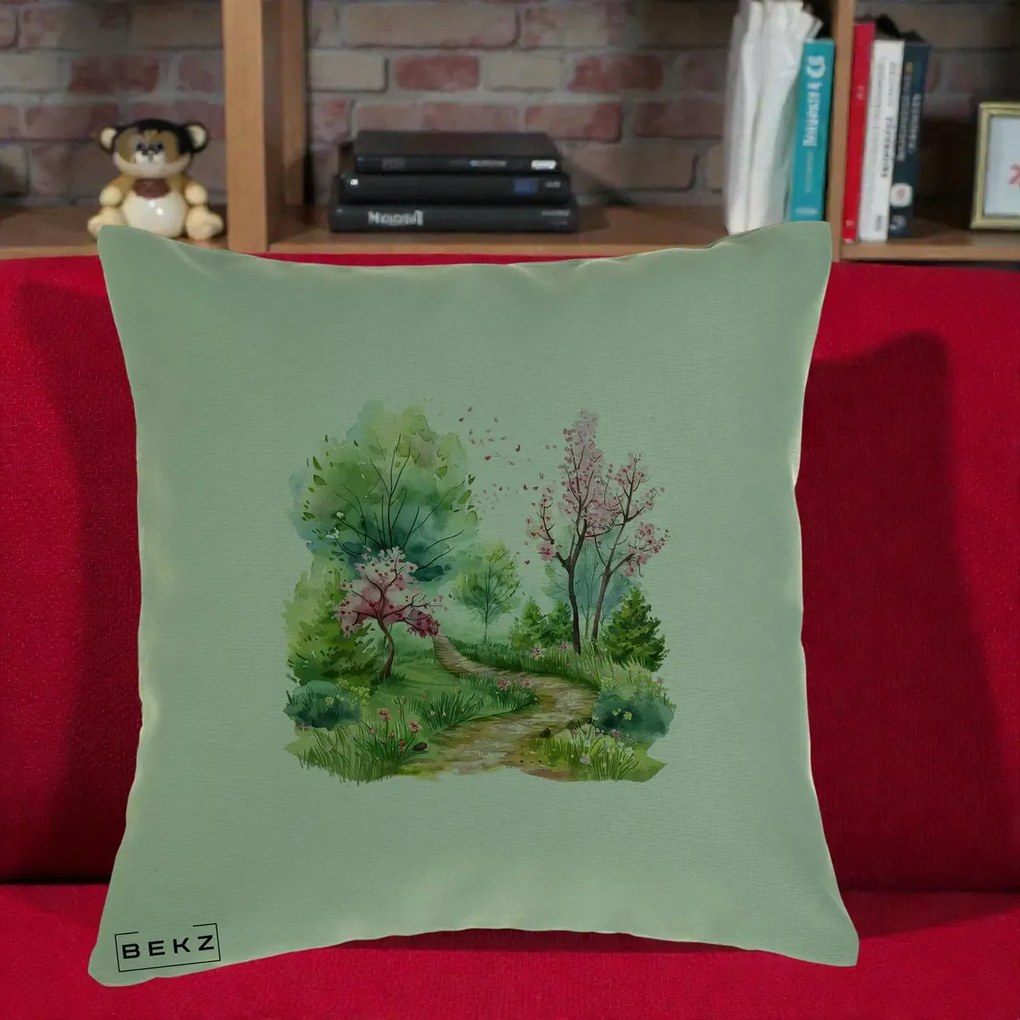 Perna Decorativa Gradina Primavara Acuarela, 40x40 cm, Verde, Husa Detasabila, Perna Inclusa, BEKZ®
