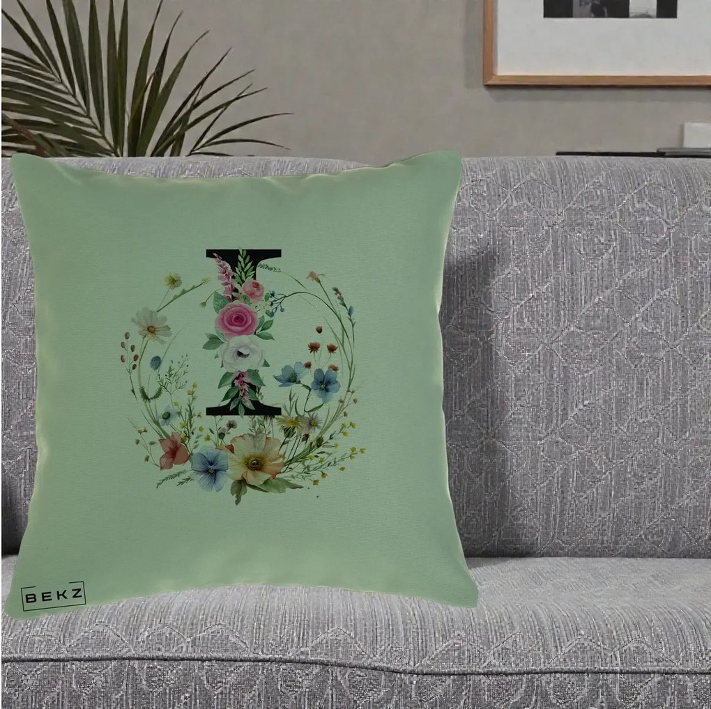 Cadou Personalizat - Perna Personalizata Monogram Litera I cu Flori Acuarela, 40x40 cm, Verde, Husa Detasabila, Perna Inclusa, BEKZ®