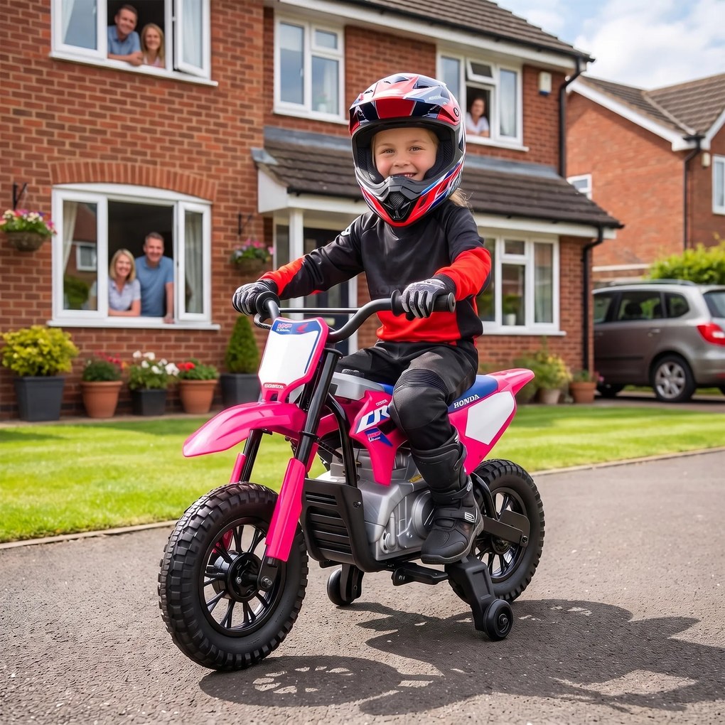 AIYAPLAY Motocicletă electrică pentru copii 3+ ani, licență Honda CRF 450R, 12V, baterie litiu, cu suspensii, roz | Aosom Romania