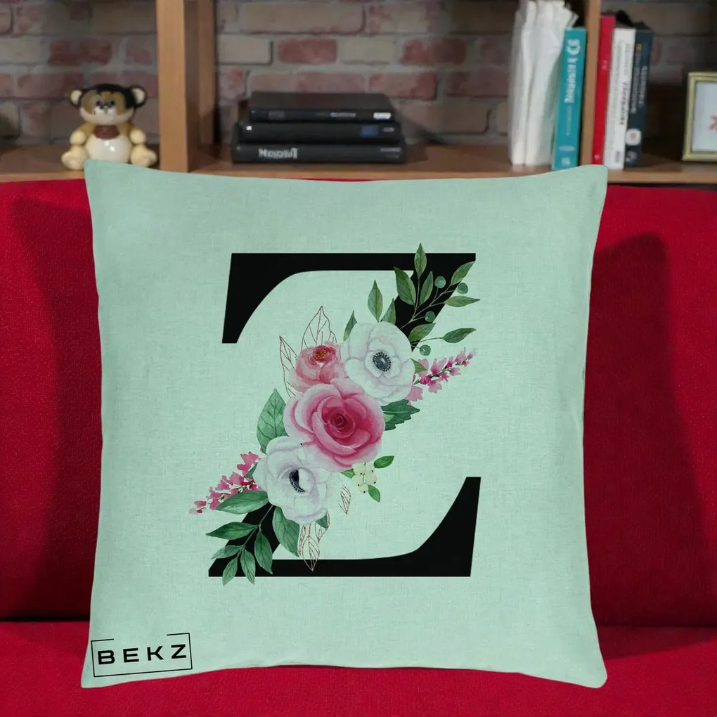 Cadou Personalizat - Perna Personalizata Monograma Florala Litera Z cu Buchet, 40x40 cm, Verde Menta, Husa Detasabila, Perna Inclusa, BEKZ®