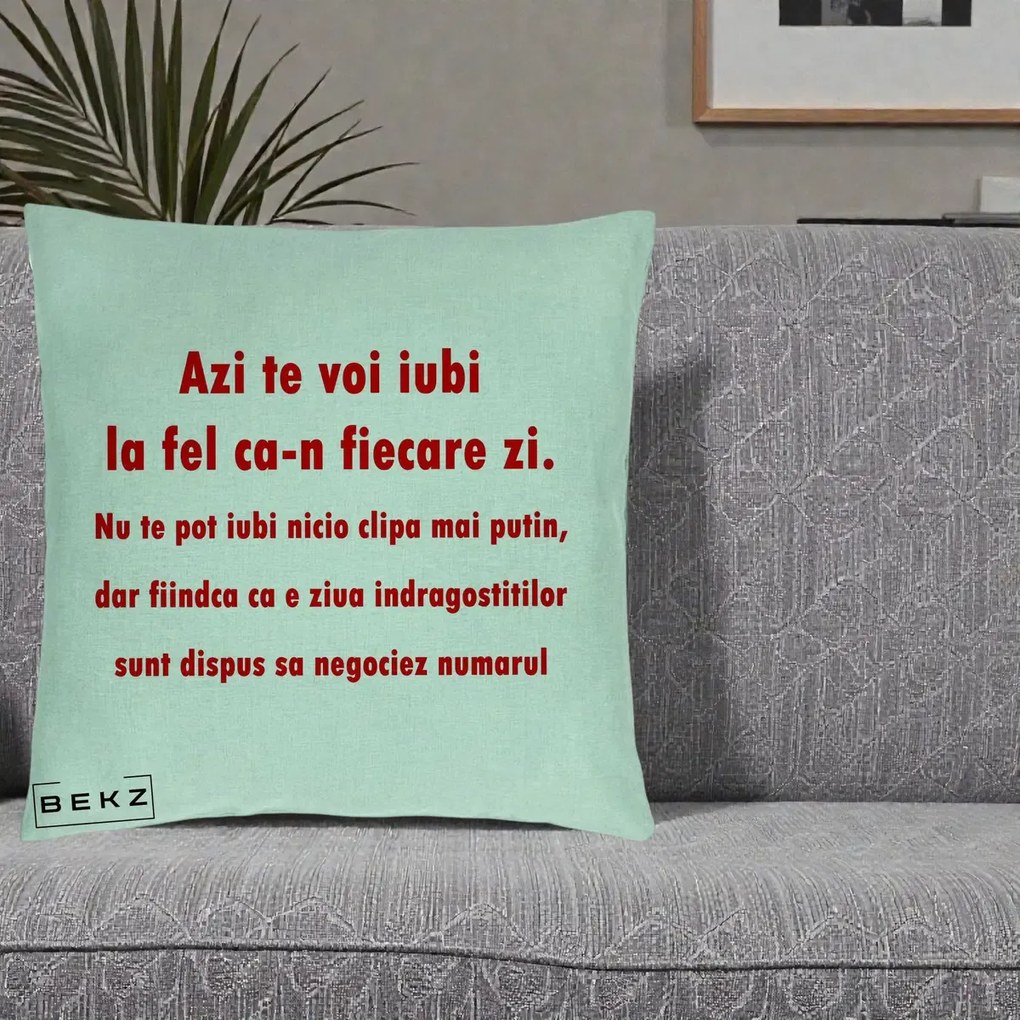 Cadou pentru Iubita - Perna Personalizata Azi Te Voi Iubi, 40x40 cm, Verde Menta, Husa Detasabila, Perna Inclusa, BEKZ®