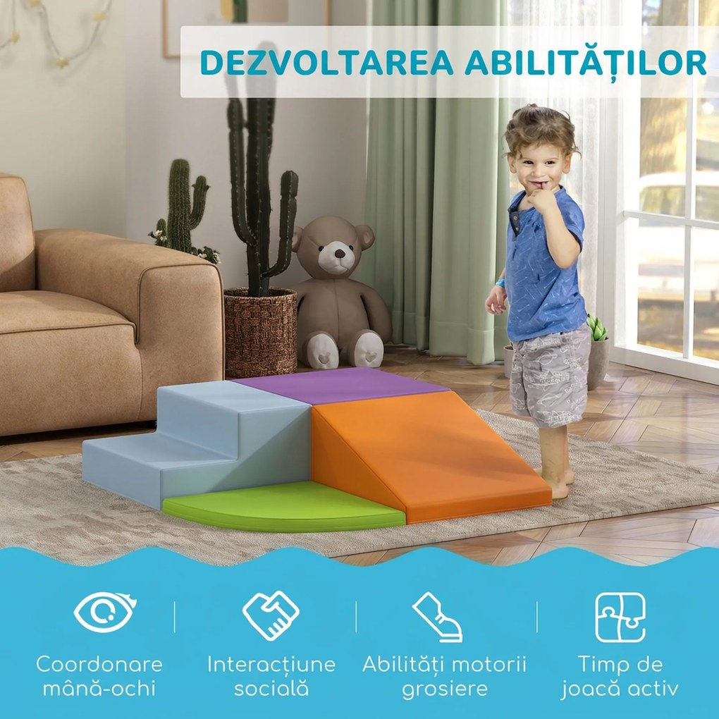 HOMCOM Set 4 Blocuri Moi pentru Copii 1-3 Ani, Spumă și Piele PU, Jucării de Cățărat, Multicolor | Aosom Romania