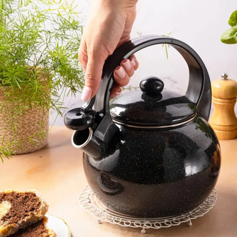 Ceainic cu fluier Kinghoff KH 2039, 2 l, Interior emailat, Toate plitele inclusiv inductie, Negru