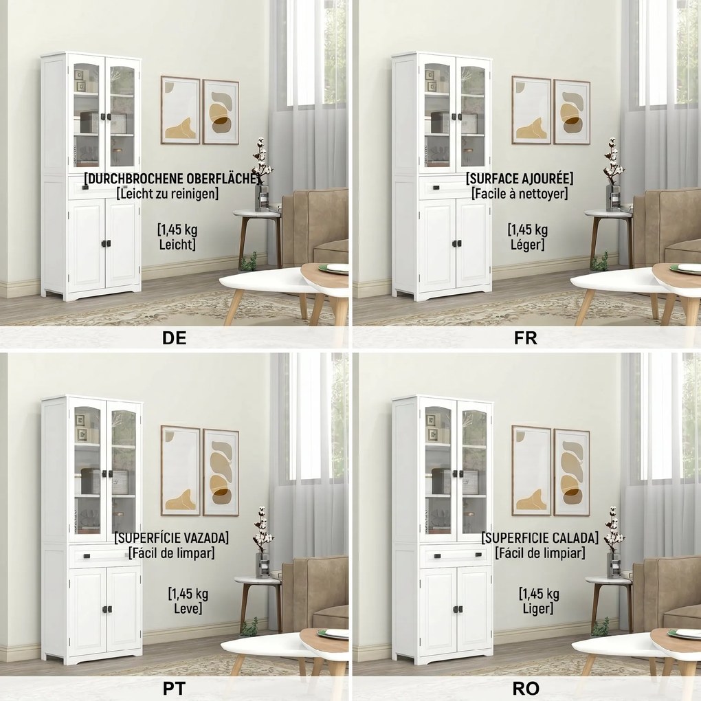 HOMCOM Bufet de Bucătărie cu 2 Dulapuri și Sertar, Mobilier de Bucătărie cu Uși și Rafturi Reglabile, 60x30x160 cm, Alb | Aosom Romania