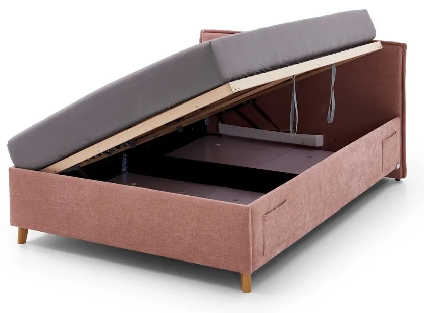 Pat pentru copii roz tapițat cu spațiu de depozitare cu somieră 140x200 cm Fun – Meise Möbel