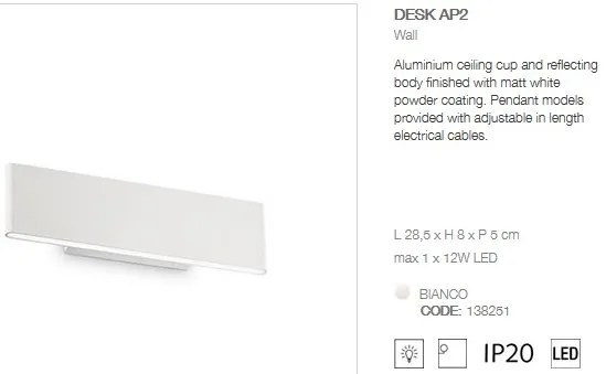 Aplica de perete design modern LED DESK AP2 BIANCO 138251