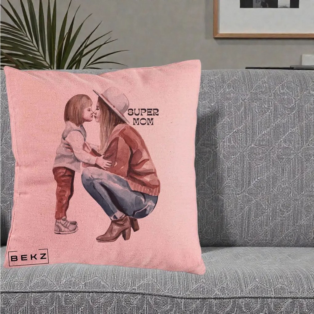 Cadou pentru Mama - Perna Personalizata Super Mom Acuarela, 40x40 cm, Roz, Husa Detasabila, Perna Inclusa, BEKZ®