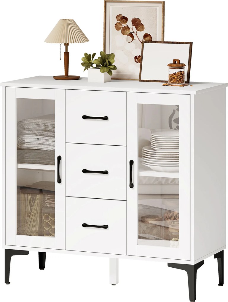HOMCOM Bufet modern cu uși Soft-Close, bufet cu 3 sertare, 2 uși din sticlă, rafturi reglabile, MDF, Alb | Aosom Romania