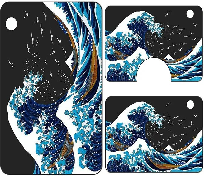 Set covoare baie antiderapante, 3 piese, model valuri oceanice decorative