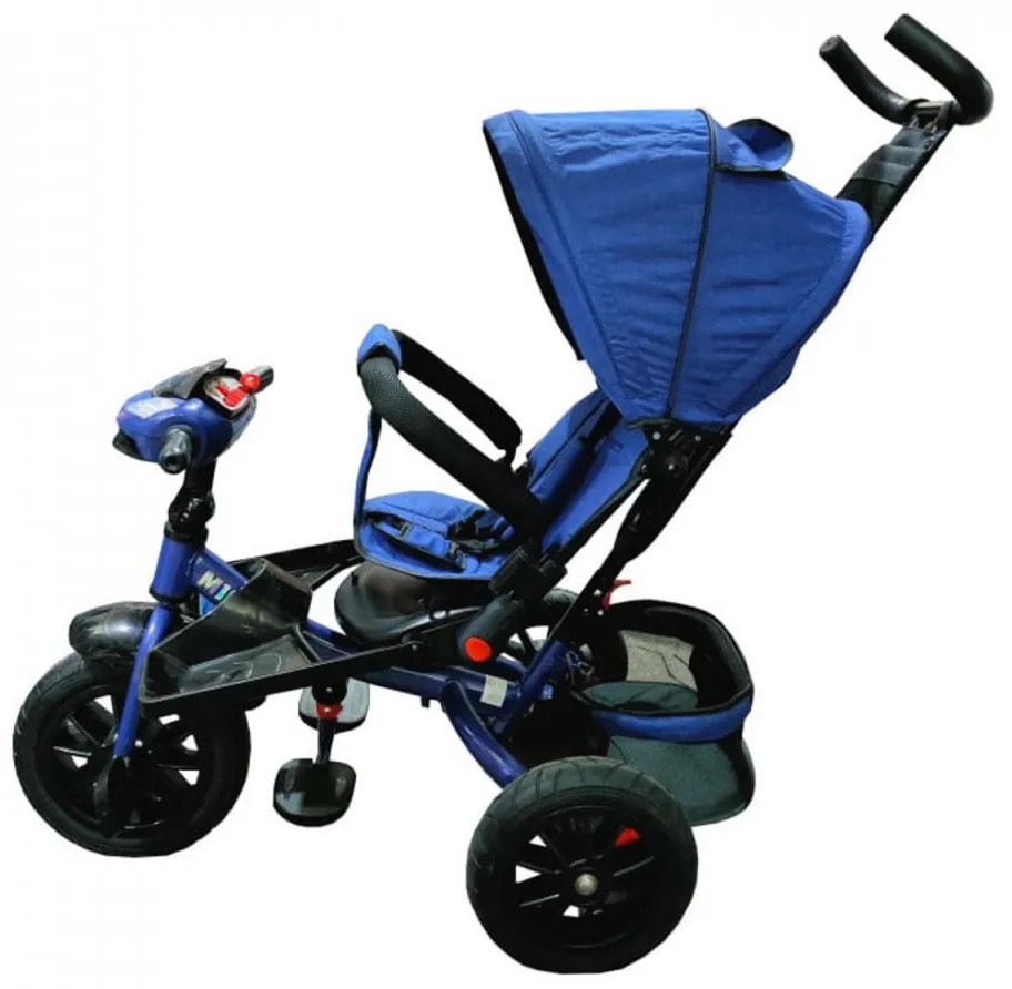 Tricicleta cu copertina NOVOKIDS Super Trike, Cu melodii si lumini, Roti din cauciuc, Pozitie somn, Scaun reversibil cu rotatie 360 grade, Albastru