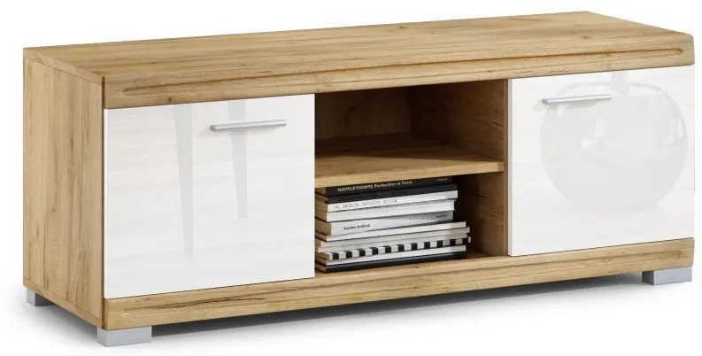 Mazzoni Comodă TV SIMPLE D2 Stejar Craft Auriu/Alb Luciu - MĂSUȚĂ COMODĂ PENTRU LIVING CU LUCIU MARE