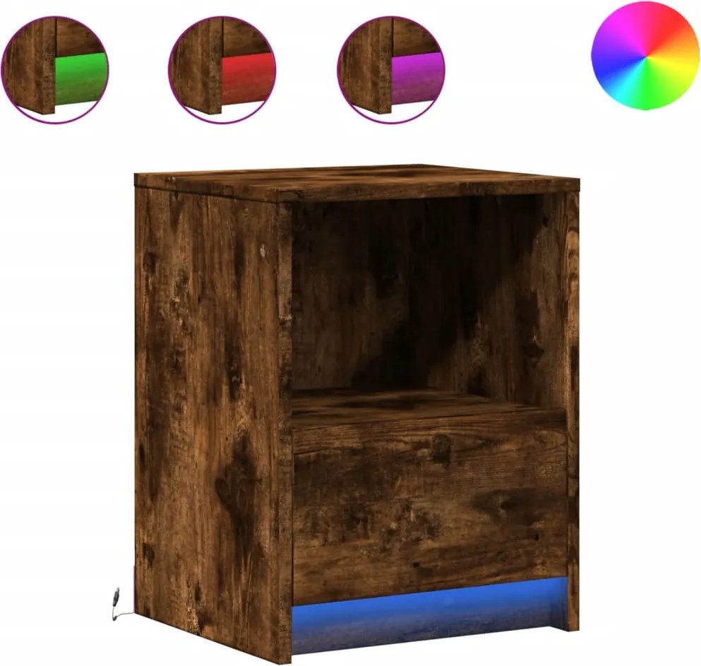vidaXL Noptiere cu lumini LED, 2 buc., stejar fumuriu, lemn prelucrat