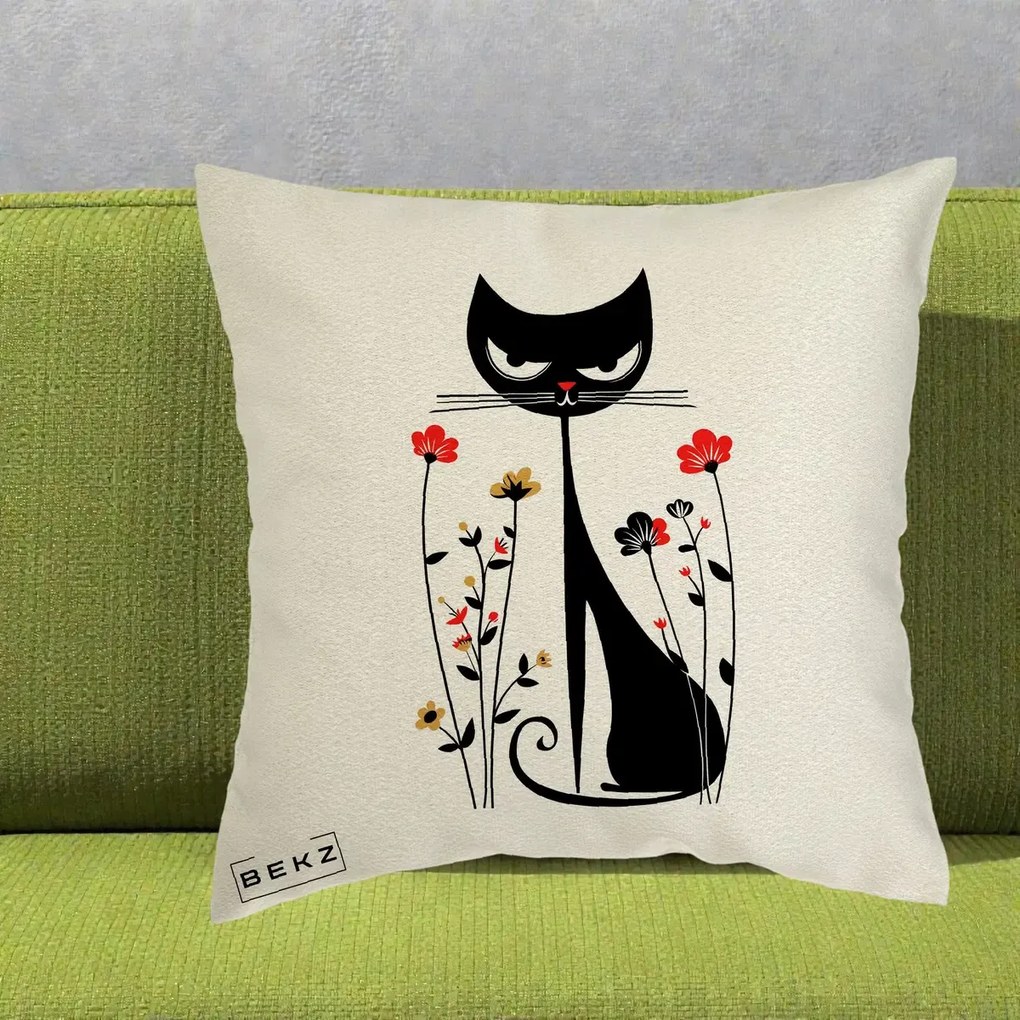 Perna Decorativa Pisica Neagra Grafica Flori Rosii, 40x40 cm, Ecru, Husa Detasabila, Perna Inclusa, BEKZ®