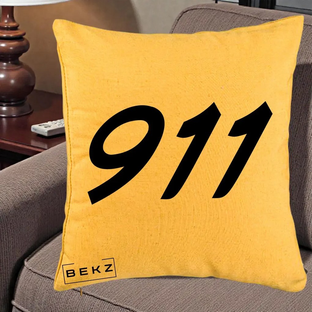 Perna Personalizata 911 Bold, 40x40 cm, Galben, Husa Detasabila, Perna Inclusa, BEKZ®