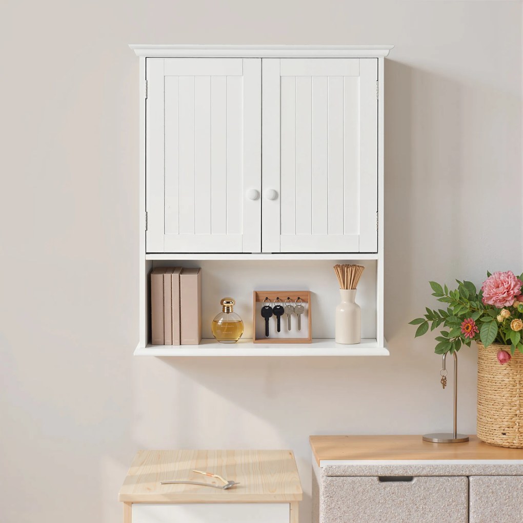 kleankin Dulap de Baie Suspendat cu Dulăpior, 2 Uși cu Închidere Magnetică și Raft Deschis, 60x20x70.5 cm, Alb | Aosom Romania