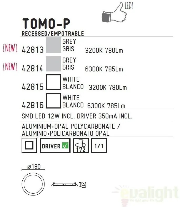 Spot incastrabil pentru tavan fals, diam.18cm LED warm light Tomo-P 42815