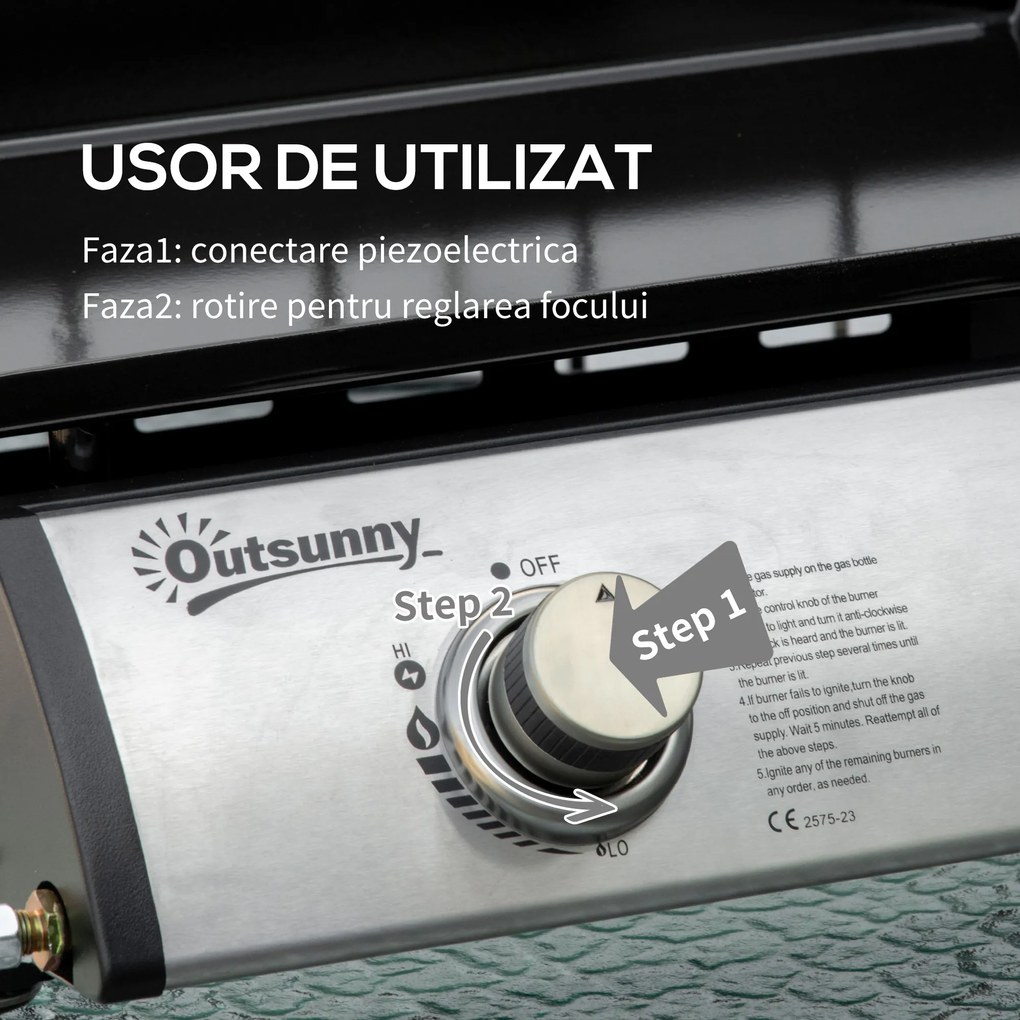 Gratar cu gaz si 2 arzatoare Outsunny, picioare reglabile, 6kW, 48.5x46x21cm, negru | Aosom Romania