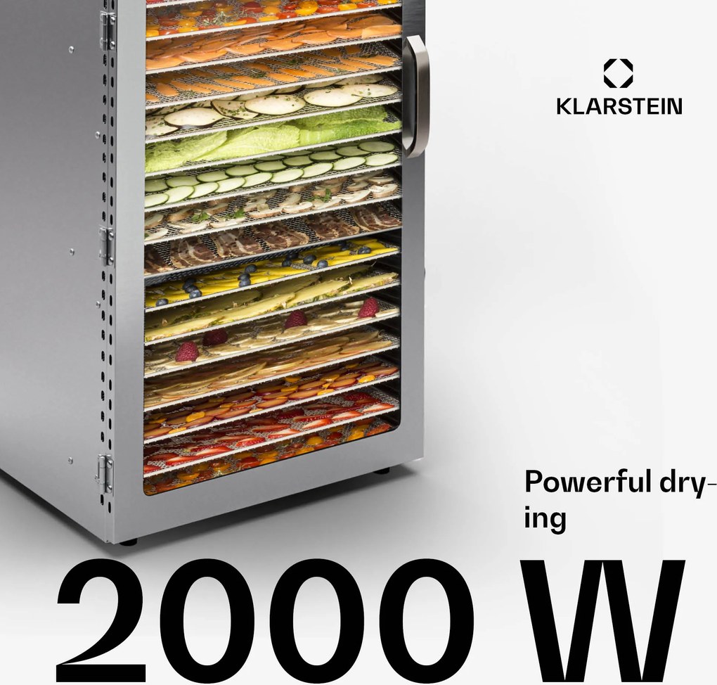 Klarstein Căpitanul Jerky 200, Deshidrator, 2000 W 30-90 °C. cronometru de 24 de ore, din oțel inoxidabil