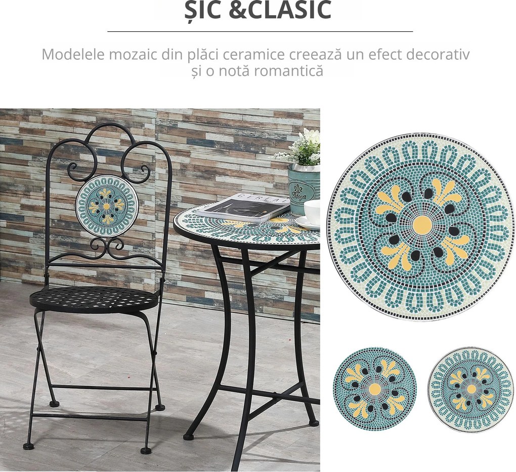 Set de Gradina Outsunny cu Mozaic de 3 Piese, din Metal, Verde | Aosom Romania