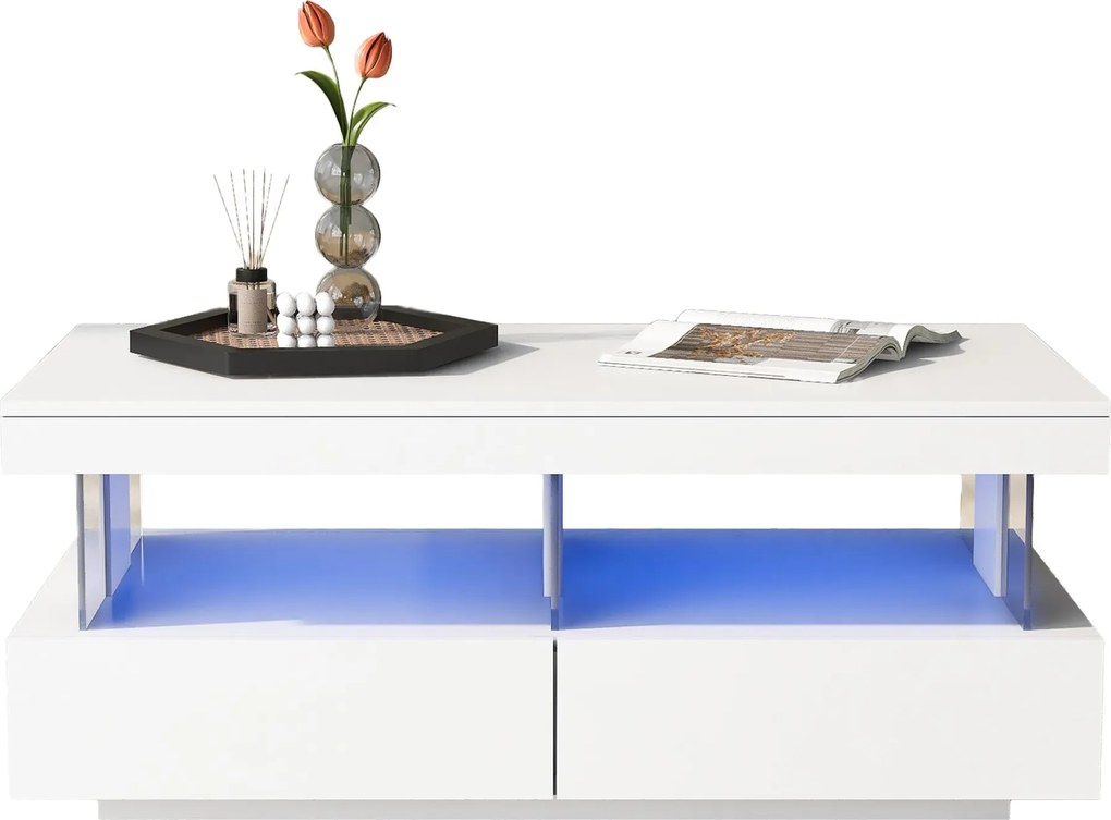 Masă de cafea modernă cu finisaj lucios, iluminare LED, 2 sertare, 100x60x49,5 cm, Alb