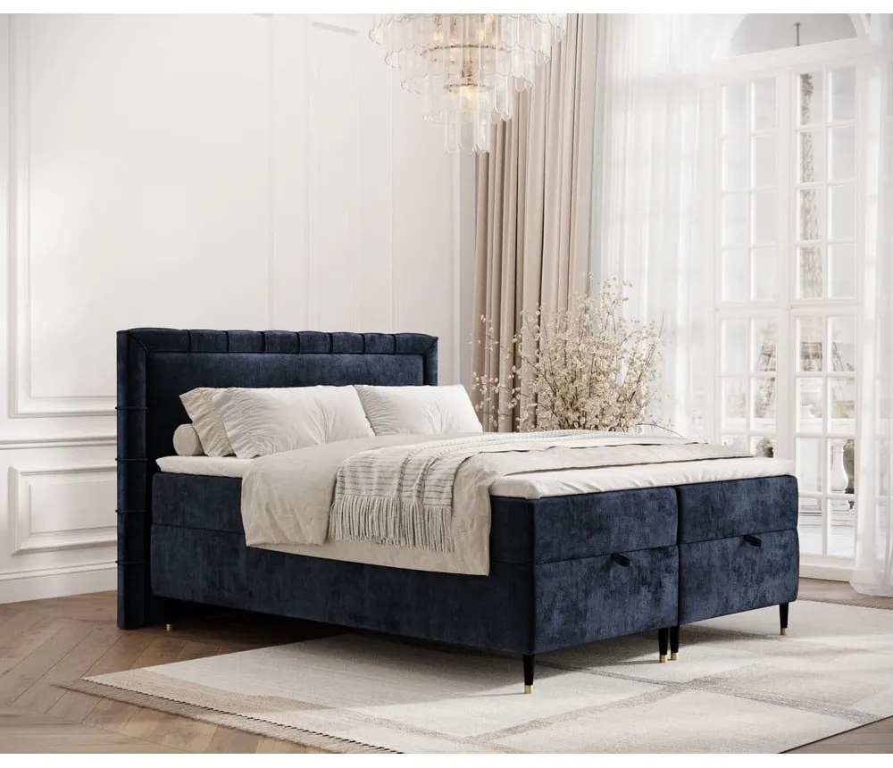 Pat boxspring albastru închis cu spațiu de depozitare 160x200 cm Voyage – Maison de Rêve