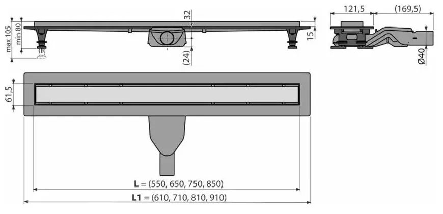 Set rigola dus cu capac faiantabil Alcadrain APZ2012-OPTION6 Optimal 85 cm 850 mm