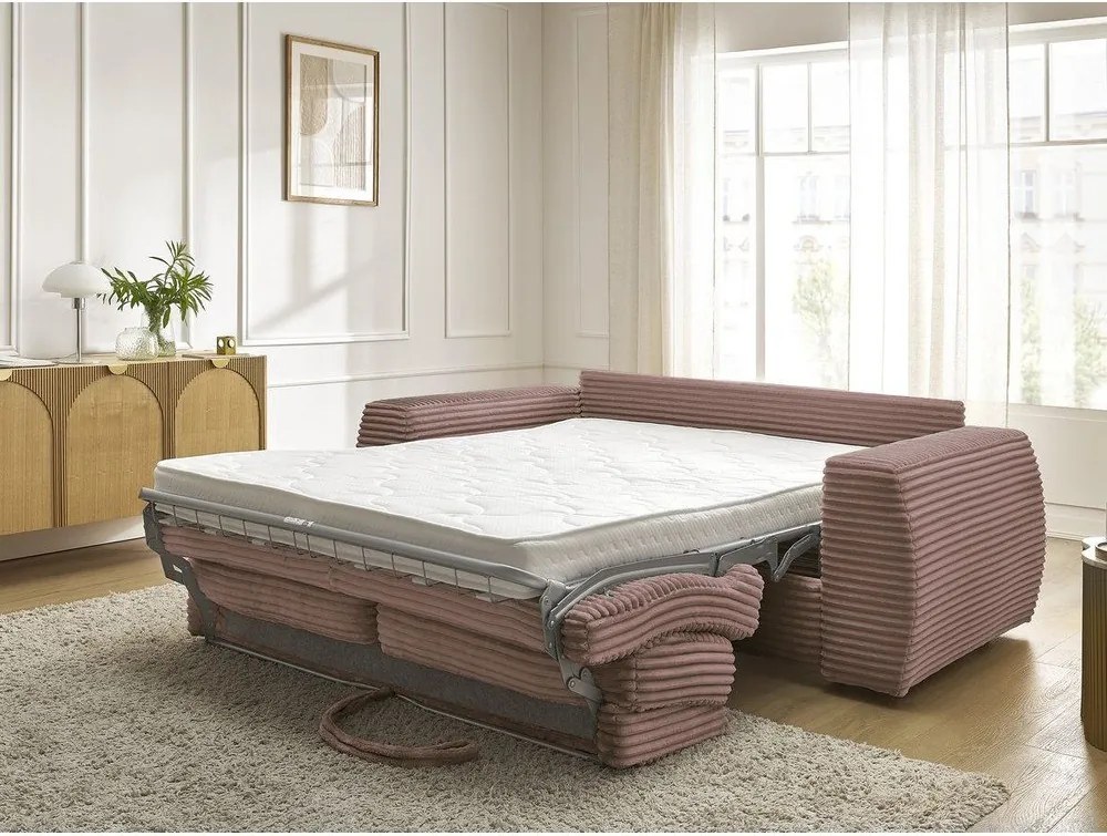 Canapea roz pentru dormitul zilnic/extensibilă cu tapițerie din catifea reiată 240 cm Hugo – Bobochic Paris