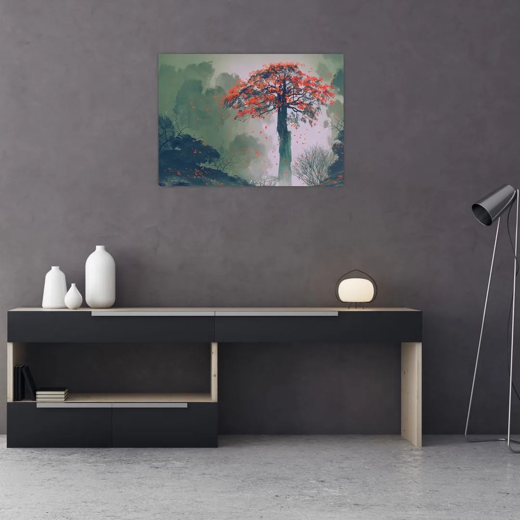 Tablou pe sticlă - Copacul roșu singuratic (70x50 cm)