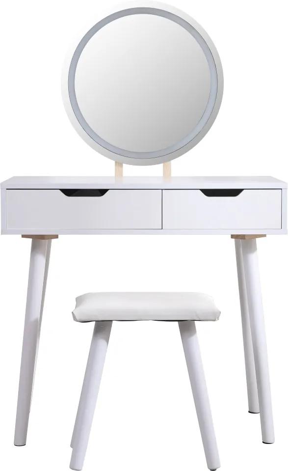 Set Adele, Masă de toaletă pentru machiaj cu oglindă iluminată LED, control touch, 2 sertare, scaun, Alb