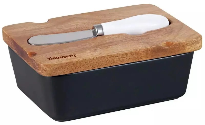 Cutie ceramica si cutit pentru unt Klausberg KB 7784, Capac lemn de salcam, Negru/maro