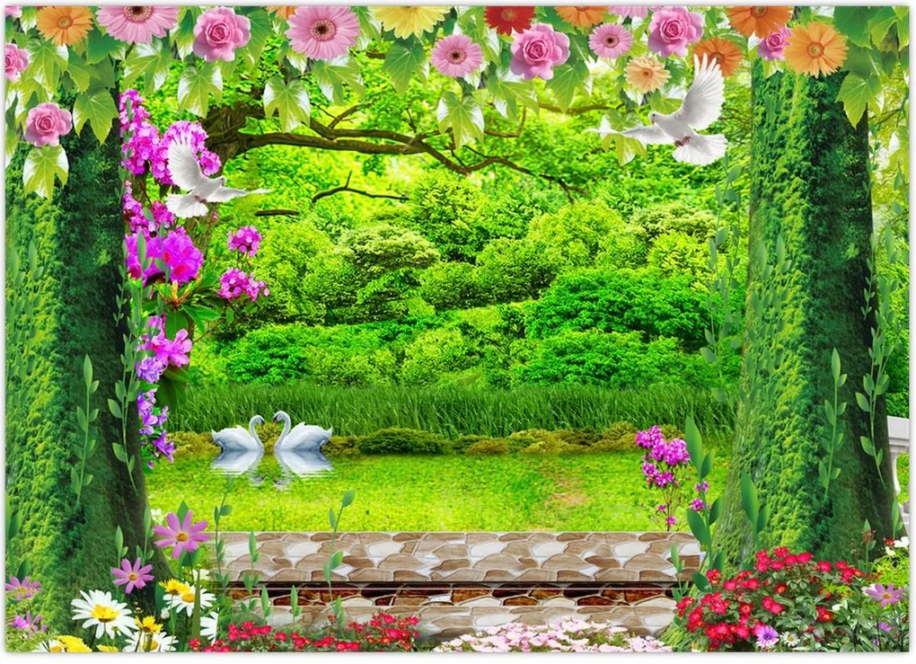 Tablou - Grădina magică cu lebede (70x50 cm)