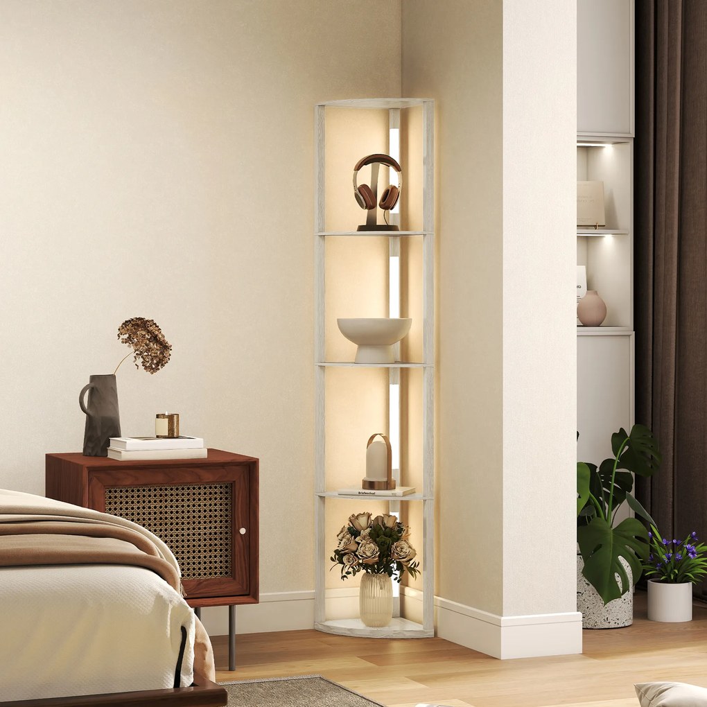 HOMCOM Lampadar Podea LED, 4 Rafturi, Lumină Reglabilă 3000K, MDF, 41x29,5x163,5 cm, Stejar | Aosom Romania