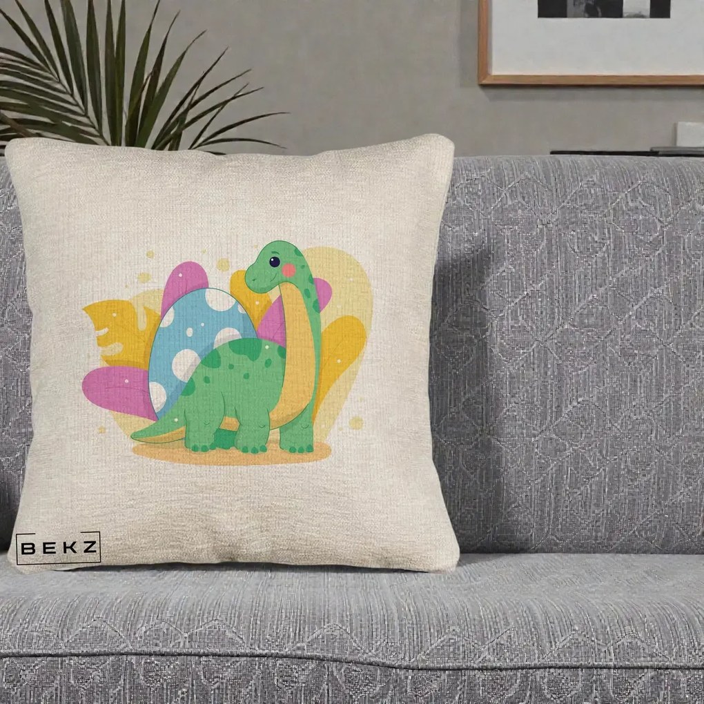 Perna Personalizata Dinozaur cu Ou Pastelat, 40x40 cm, Bej Canapea, Husa Detasabila, Perna Inclusa, BEKZ®