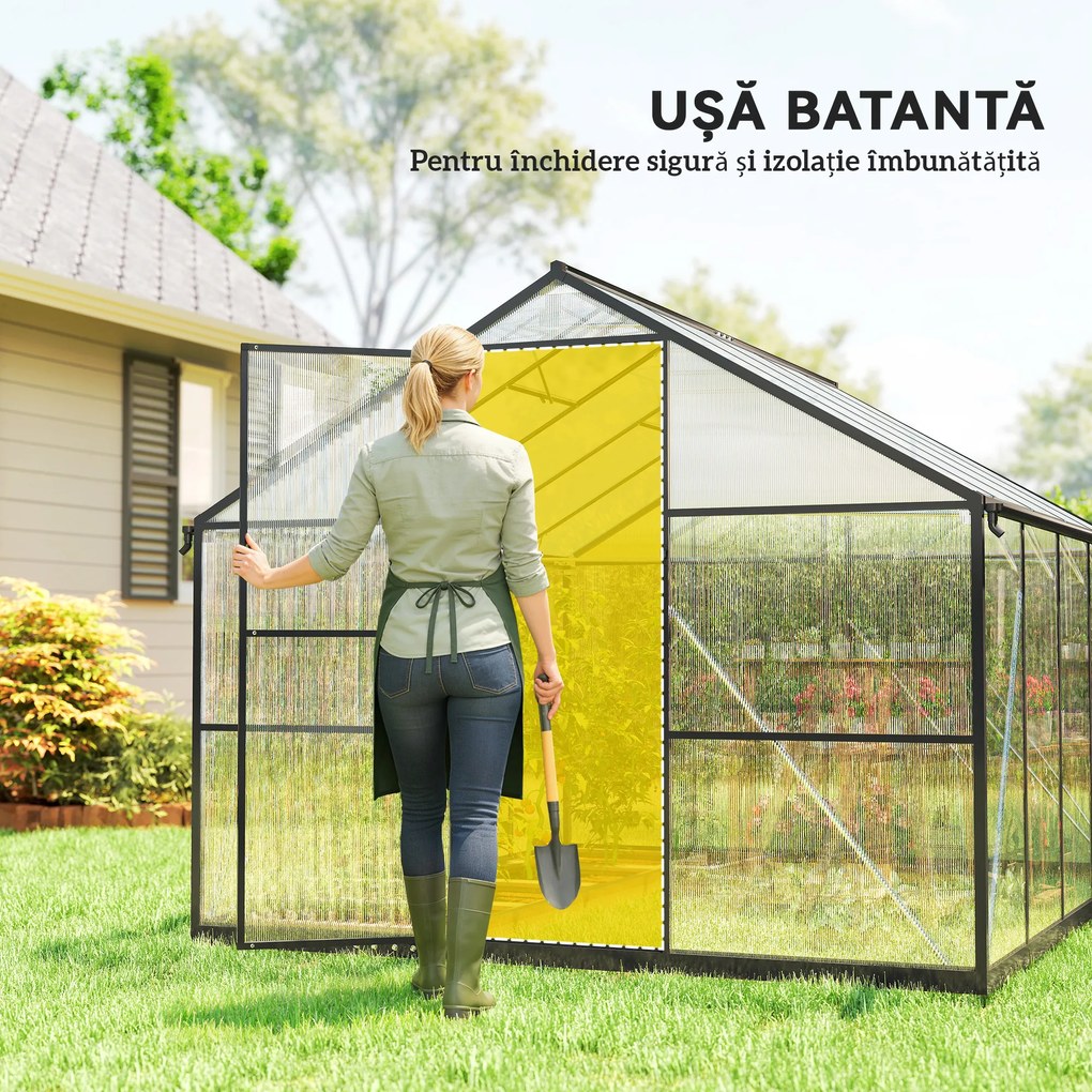 Seră de grădină Outsunny din aluminiu și policarbonat, 7,5㎡, cu ușă cu balamale, 2 ferestre reglabile, sistem de drenaj, anti-UV, 304x247x205cm, negru | Aosom Romania