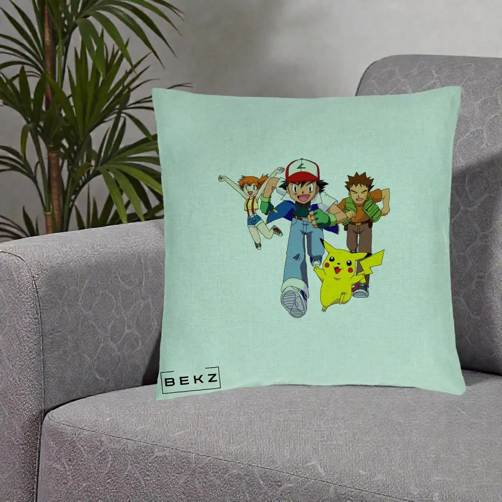 Perna Personalizata Pokemon Ash Misty Brock si Pikachu, 40x40 cm, Verde Menta, Husa Detasabila, Perna Inclusa, BEKZ®