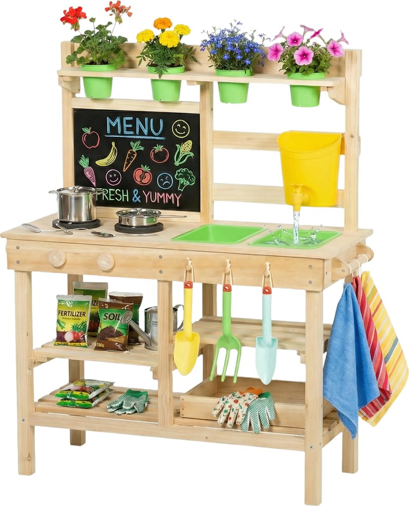 AIYAPLAY Bucătărie de noroi pentru copii în aer liber, bucătărie jucărie din lemn cu chiuvetă, plită, ghivece, tablă pentru 3-6 ani 77x32x95 cm lemn natural | Aosom Romania