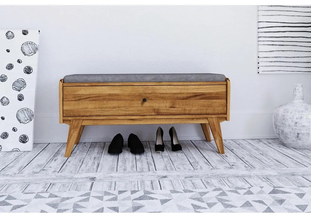 Bancă cu spațiu de depozitare din lemn de stejar cu șezut gri deschis Retro - The Beds