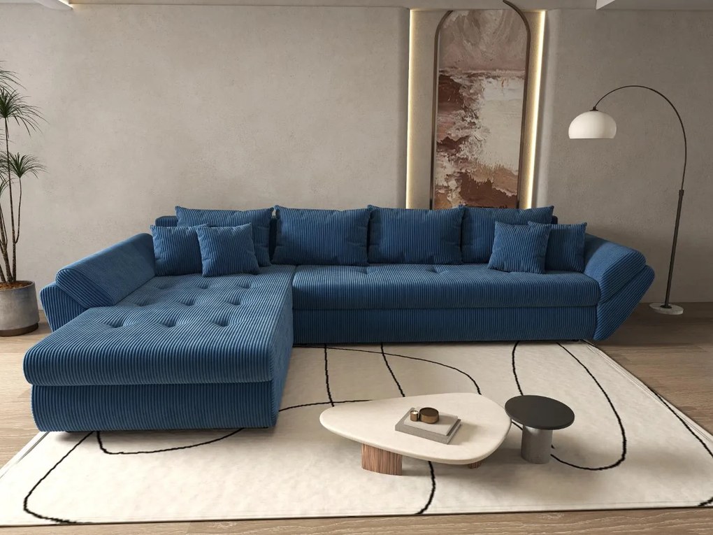 Colțar extensibil dumonde cu ladă de depozitare si sezut confortabil din spuma high-density, Loana XL Zoom Albastru 335x185 cm