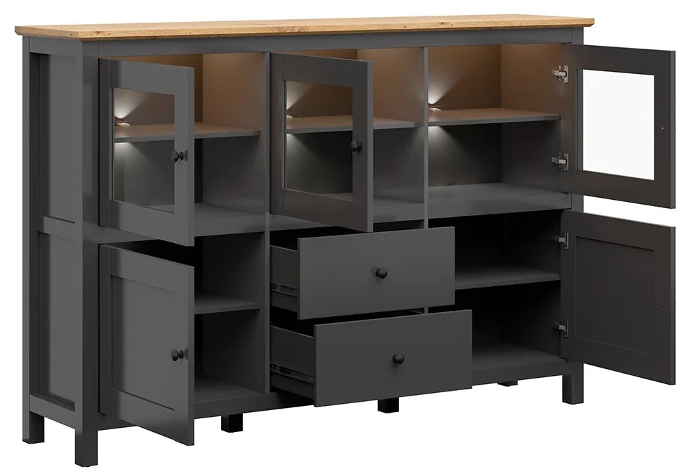 Vitrină Hesen KOM3W2D2S/13/19 (cu iluminat LED) (grafit + Stejar artisan). Promo -23%. 1062529