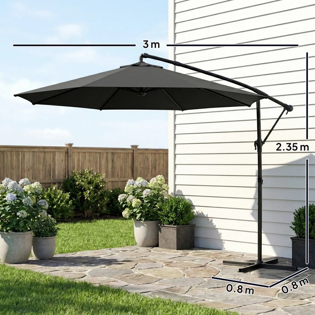Outsunny Umbrelă de Grădină Suspendată 3 m cu Husă, Umbrelă Rotundă Inclinabilă cu Rotație 360°, Manivelă, Banana, Negru | Aosom Romania