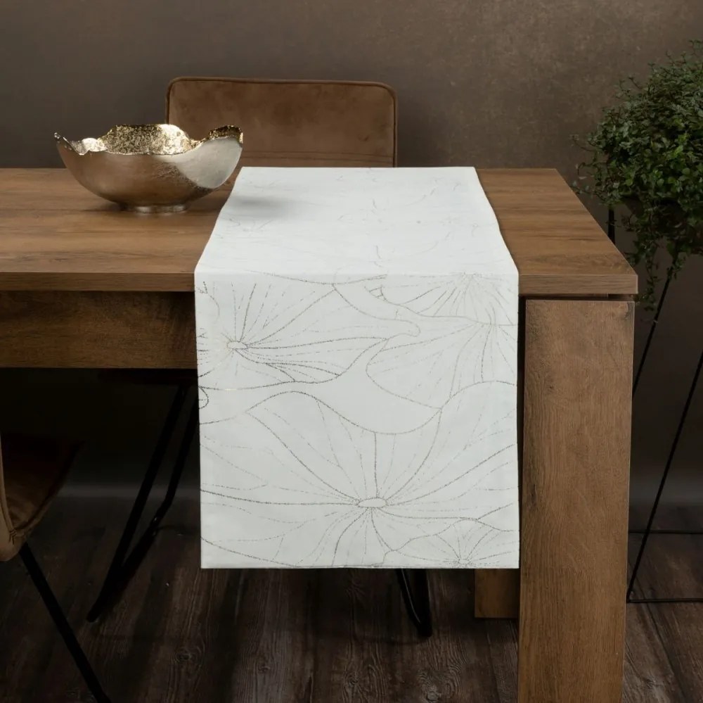 Traversa pentru masa din catifea albă cu imprimeu floral Lățime: 35 cm | Lungime: 180 cm