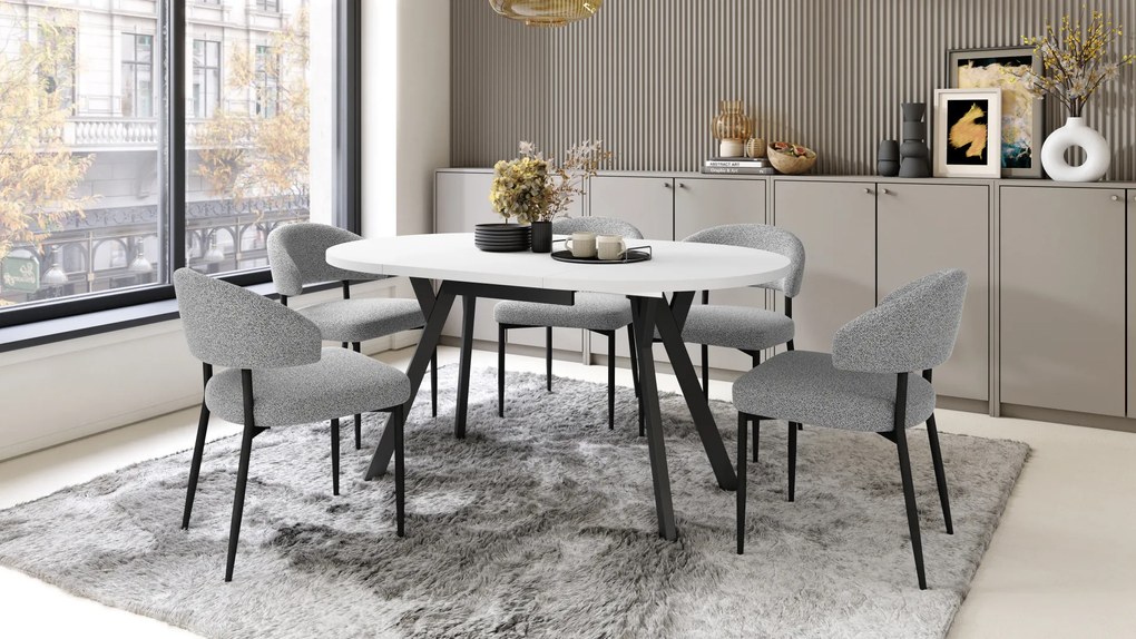 Mazzoni ALMO Alb Mat/picioare negre - MASĂ ROTUNDĂ EXTENSIBILĂ CU PICIOARE ÎN FORMĂ DE Y STIL LOFT PENTRU SALON/SUFRAGERIE