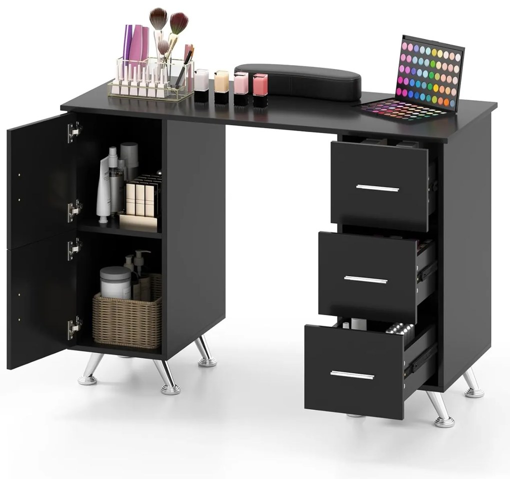 MANIA3 - Masuta manichiura, 108 cm, masa cosmetica cu pernita - Alb / Negru / Roz - Auriu