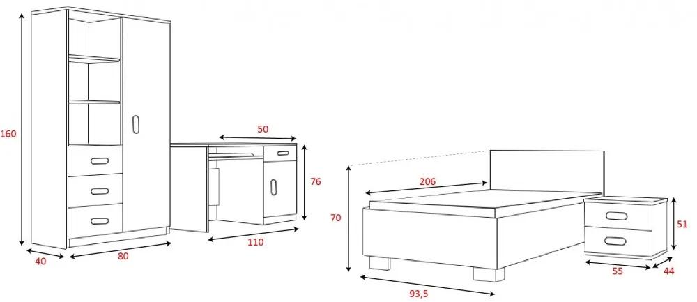 Set mobilier pentru tineret Smyk III 03 Sonoma - alb - Pat cu suport pentru lenjerie - Mâner de culoare opțional