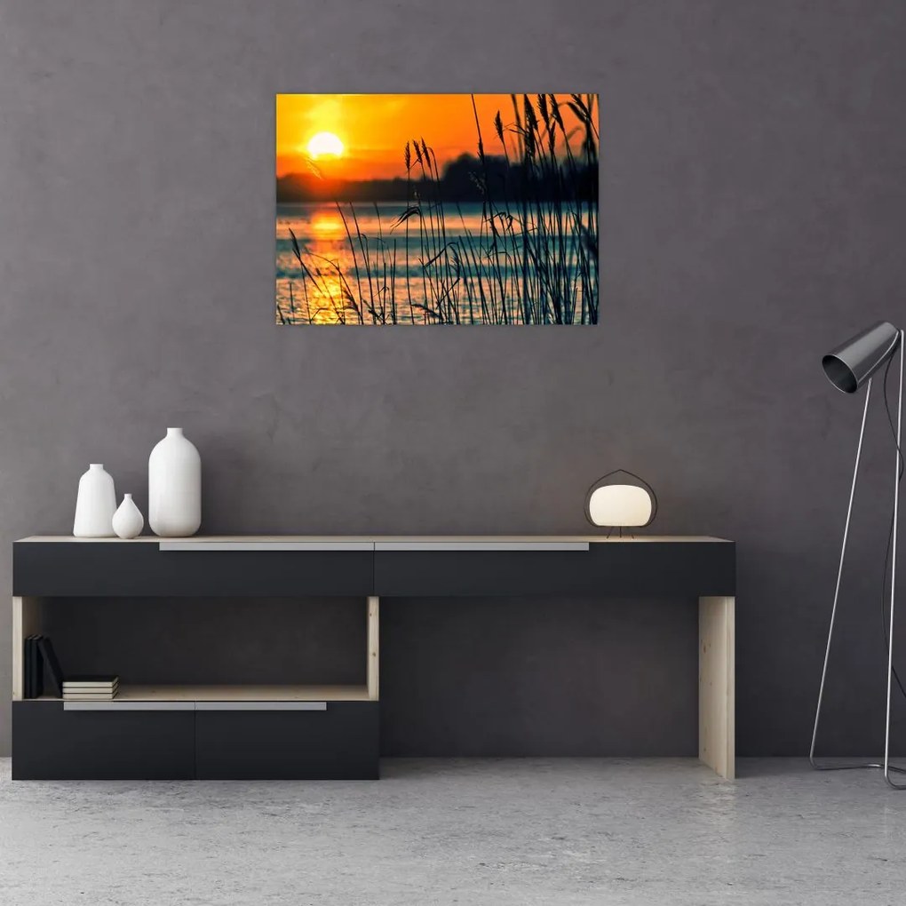 Tablou pe sticlă - Apus de soare la lac (70x50 cm)