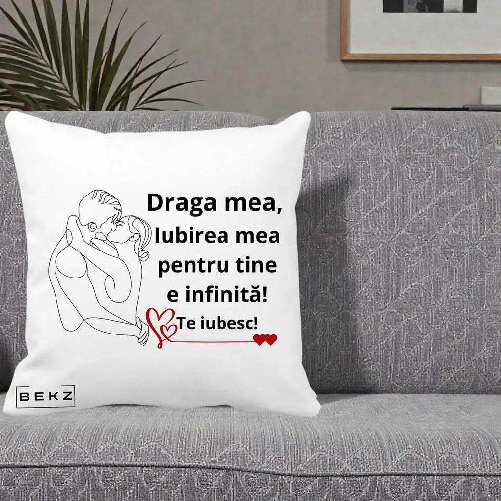 Cadou pentru Iubita - Perna Personalizata Draga Mea Iubirea Mea pentru Tine e Infinita Te Iubesc, 40x40 cm, Alba Mata, Husa Detasabila, Perna Inclusa, BEKZ®