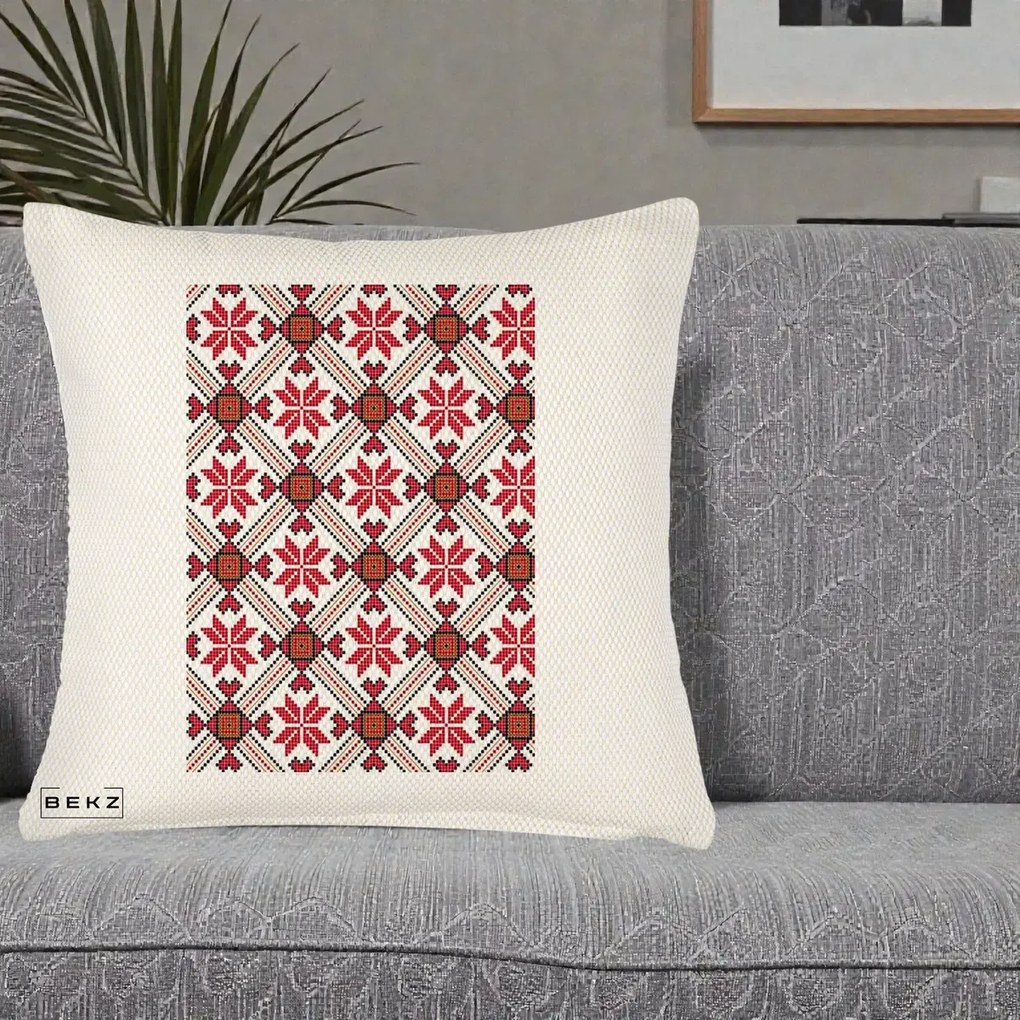 Perna Personalizata Motiv Traditional Ie Romaneasca Rosu, 40x40 cm, Crem Reliefat, Husa Detasabila, Perna Inclusa, BEKZ®