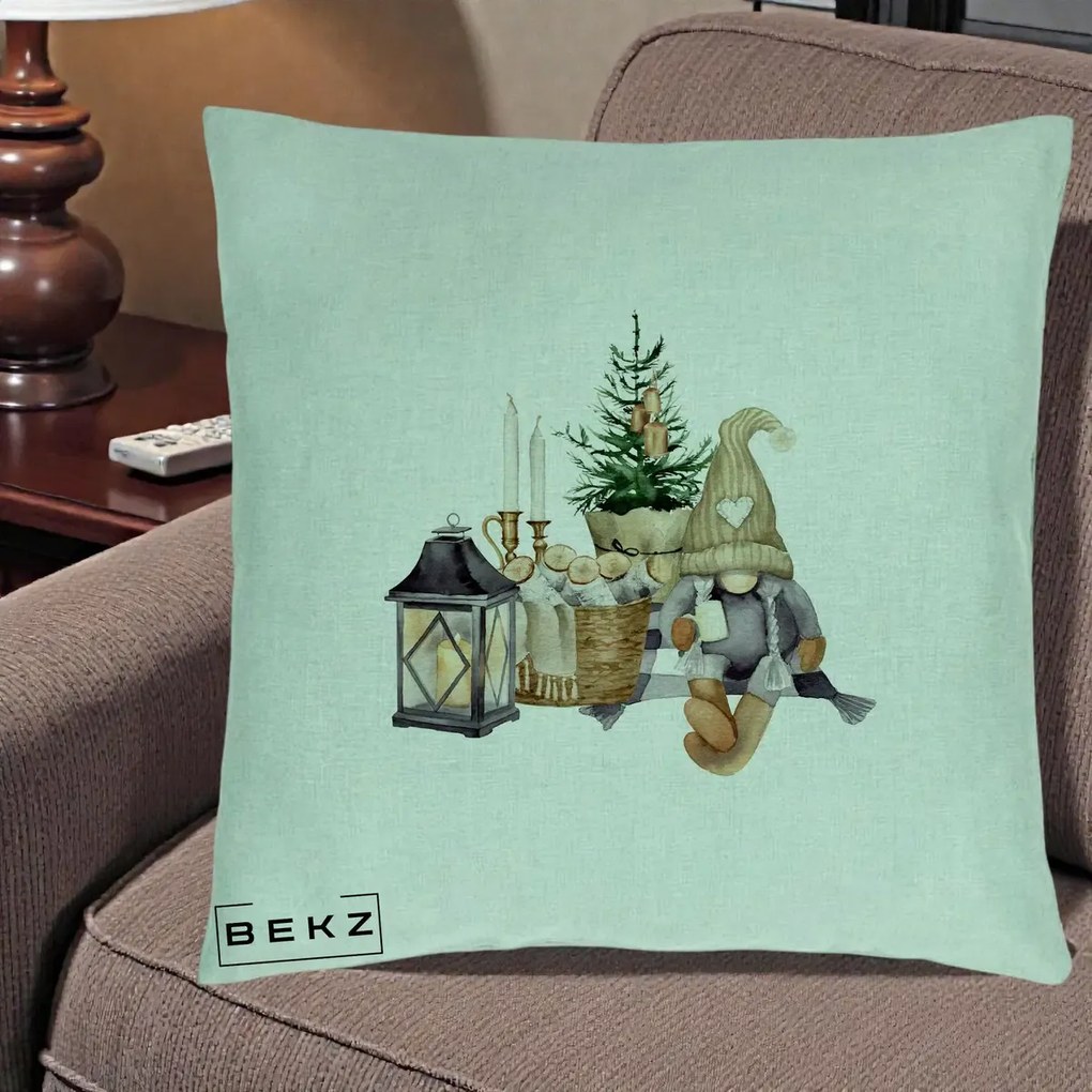 Perna Decorativa Gnom Scandinav cu Felinar, 40x40 cm, Verde Menta, Husa Detasabila, Perna Inclusa, BEKZ®